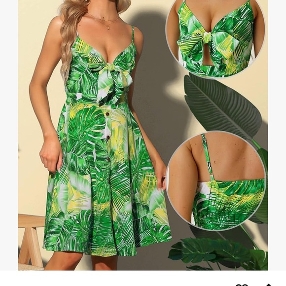 Allegra K green palm tree tropical leaf midi dress with tie knot bust - Picture 2 of 7